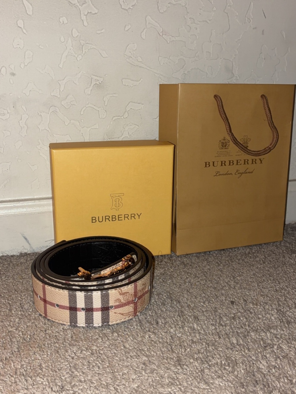 Burberry Men’s Classic Check Canvas Belt with Black Leather Trim